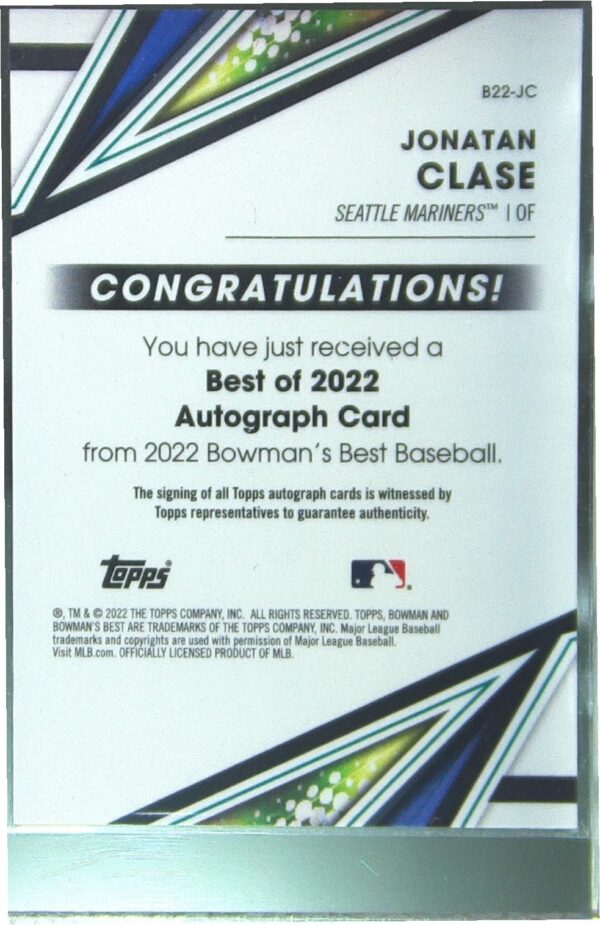 2022 Bowman's Best Jonatan Clase Auto #B22-JC Mariners Best of 2022 Autographs - Image 3