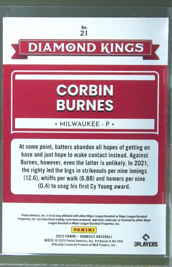 2022 Donruss Corbin Burnes Holo Orange #21 Brewers - Image 3