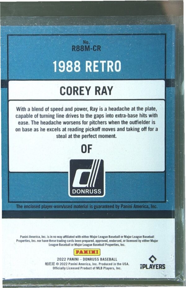 2022 Donruss Corey Ray JSY #R88M-CR Brewers Retro 1988 Materials - Image 3