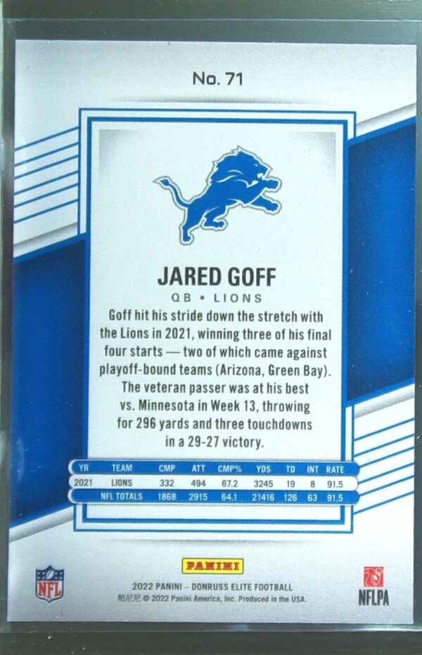 2022 Donruss Elite Jared Goff #71 Lions - Image 3