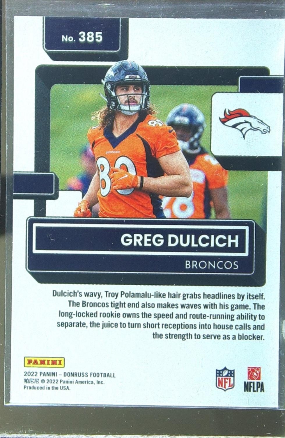 2022 Donruss Greg Dulcich RC #385 Broncos - Image 3