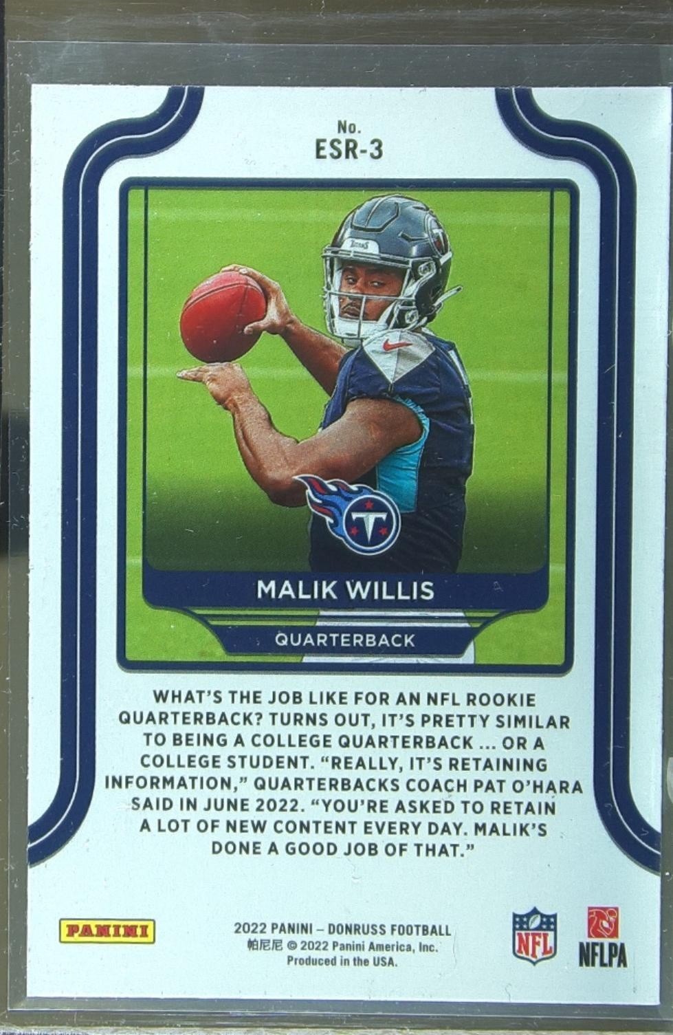 2022 Donruss Malik Willis RC #ESR-3 Titans Elite Series Rookies - Image 3