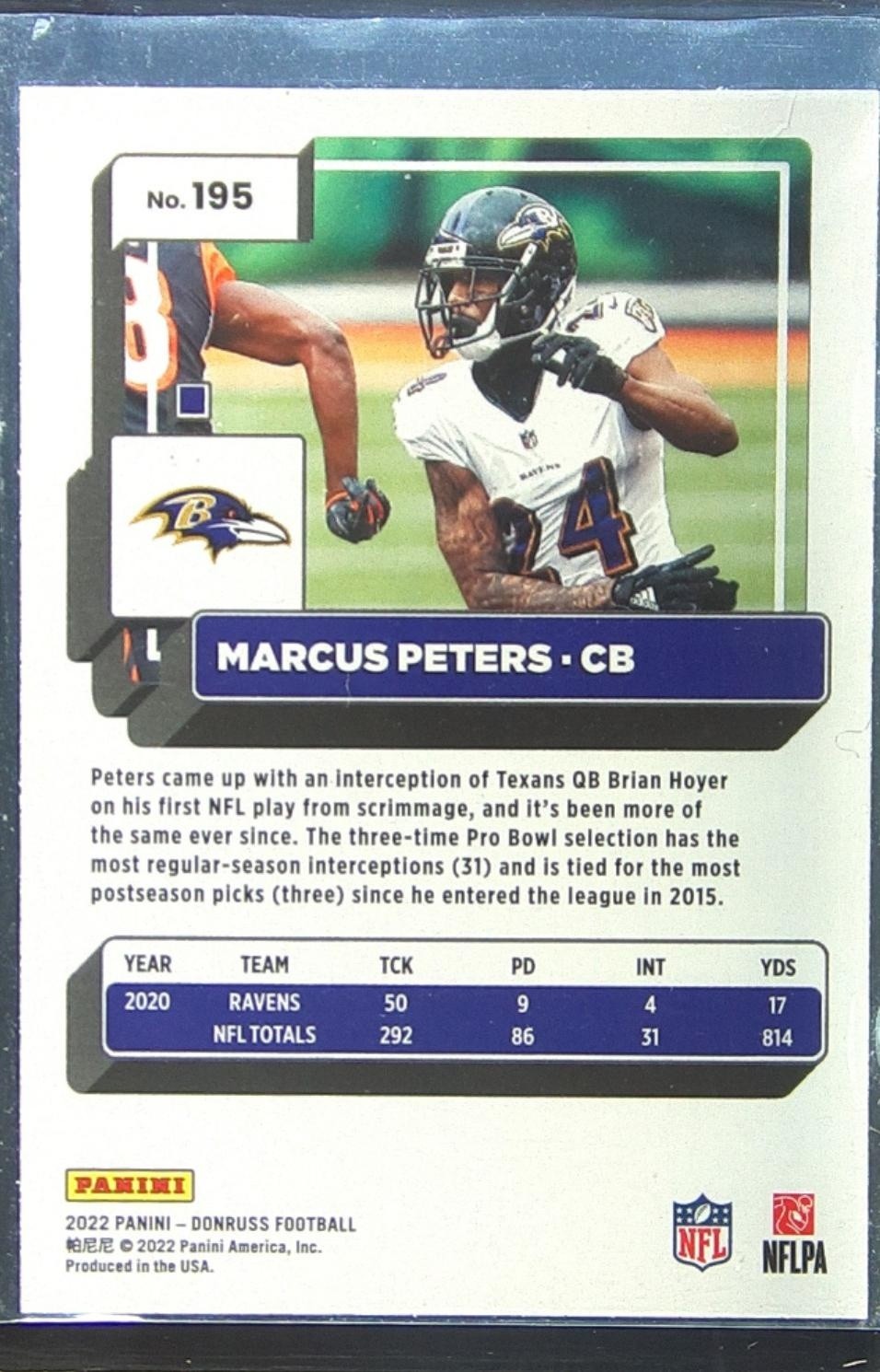 2022 Donruss Marcus Peters Press Proof Red #195 Ravens - Image 3