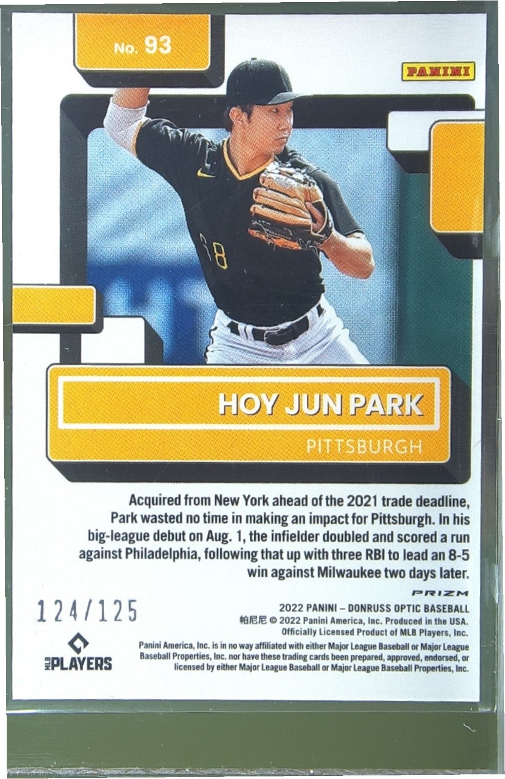 2022 Donruss Optic Hoy Jun Park Orange Prizm /125 RC #93 Pirates - Image 3