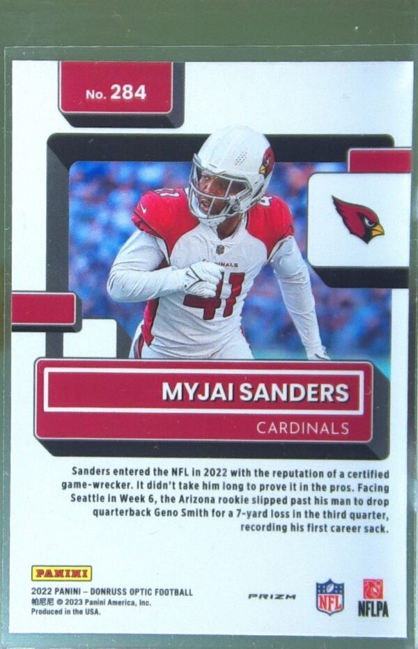2022 Donruss Optic Myjai Sanders Purple Shock RC #284 Cardinals - Image 3