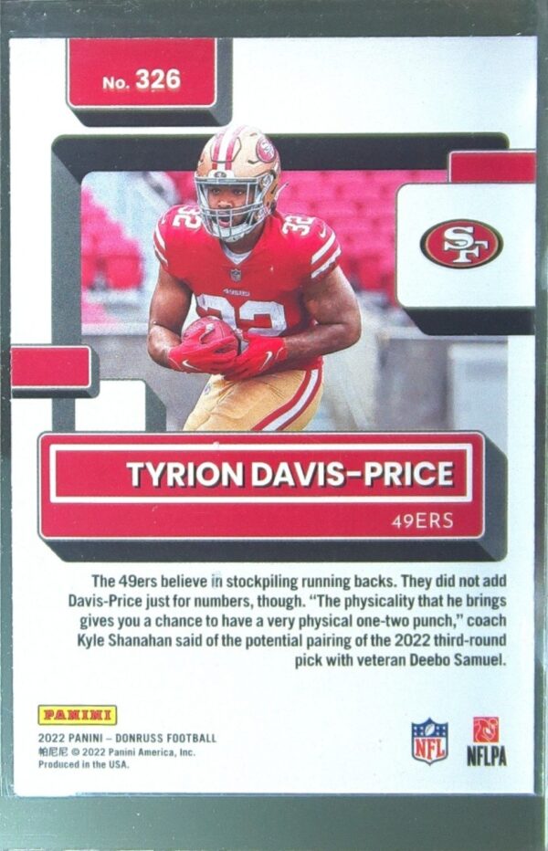 2022 Donruss Tyrion Davis-Price Press Proof Blue RC #326 49ers - Image 3