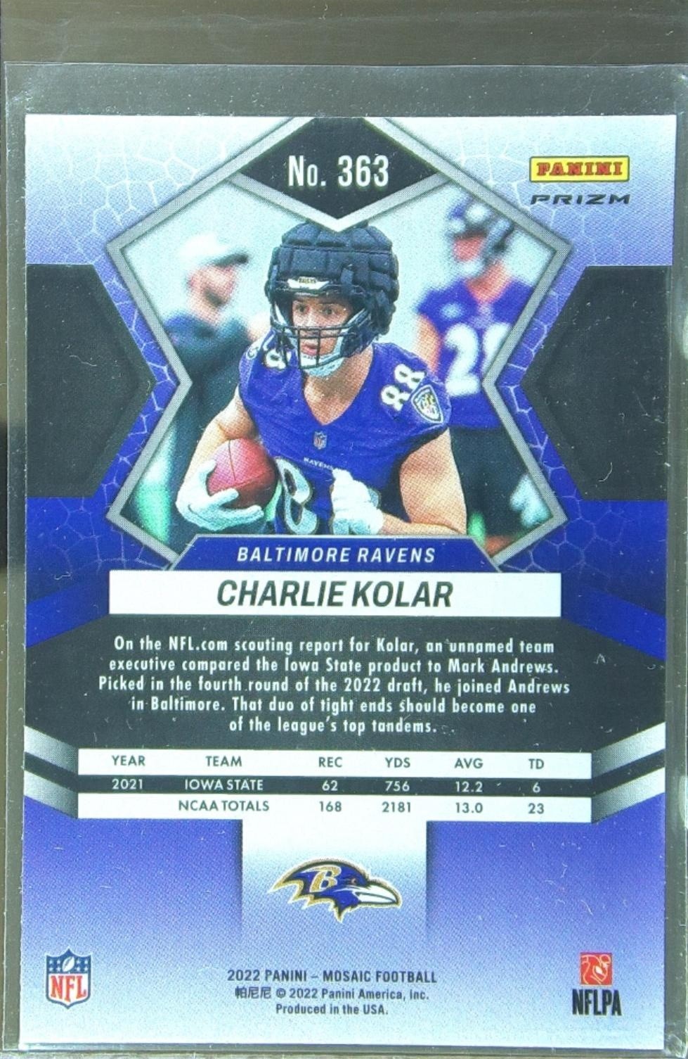 2022 Mosaic Charlie Kolar Silver RC #363 Ravens - Image 3