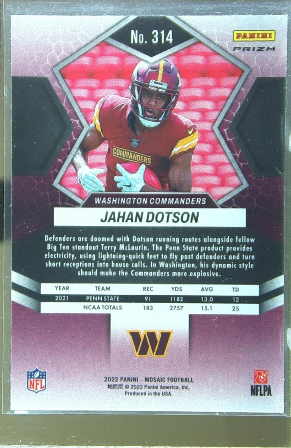 2022 Mosaic Jahan Dotson Mosaic Green RC #314 Commanders - Image 3
