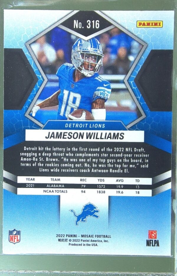 2022 Mosaic Jameson Williams RC #316 Lions - Image 3