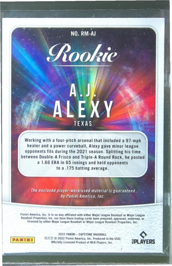 2022 Panini Capstone A.J. Alexy JSY RC #RM-AJ Rangers Rookie Materials - Image 3