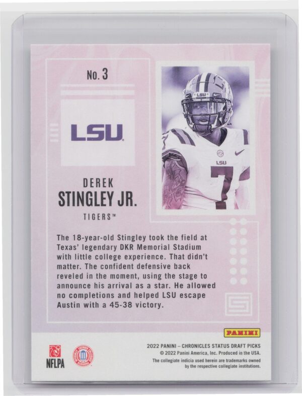 2022 Panini Chronicles Draft Picks Derek Stingley Jr. RC #3 Tigers Status - Image 3