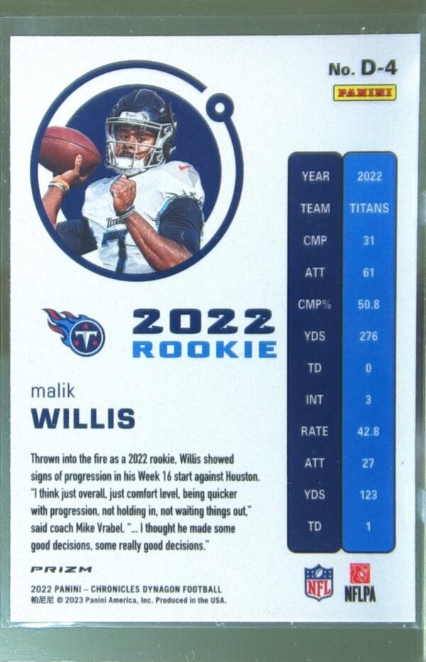 2022 Panini Chronicles Malik Willis RC #D-4 Titans Dynagon Rookies Silver - Image 3