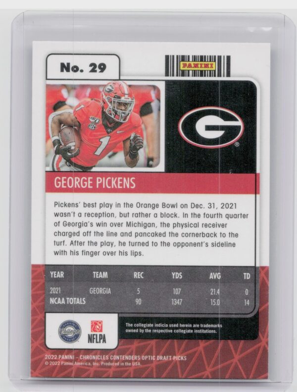 2022 Panini D Chronicles Optic Contenders Draft Picks George Pickens #29 Bulldog - Image 3
