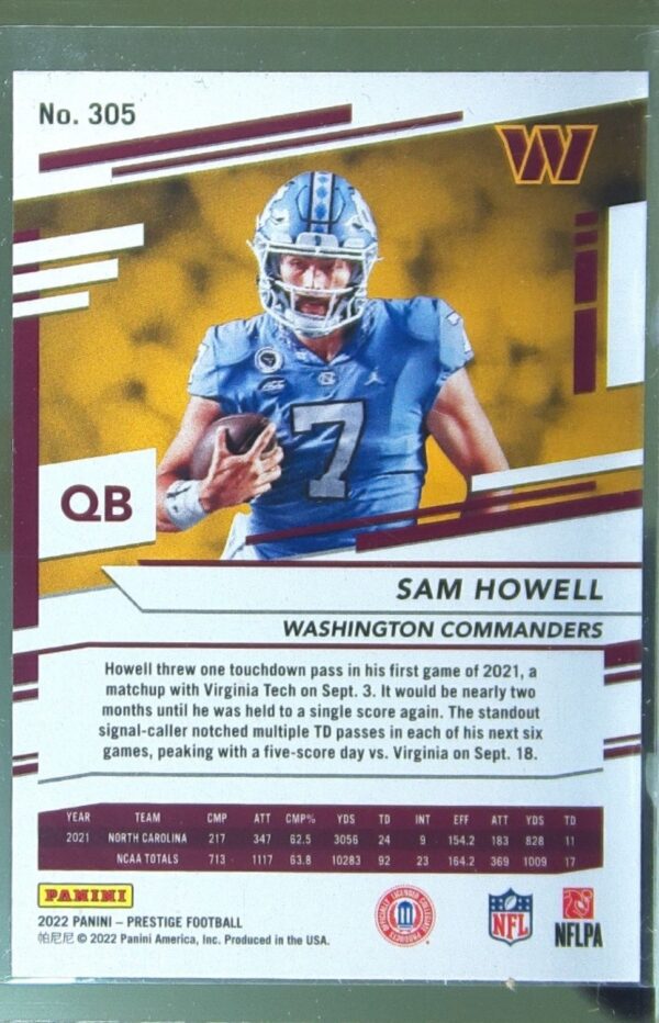 2022 Panini Prestige Sam Howell RC #305 Commanders - Image 3