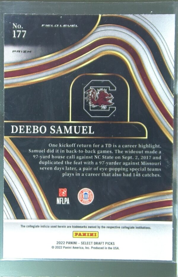 2022 Panini Select Draft Picks Deebo Samuel Gold Lazer Prizm #177 Gamecocks - Image 3