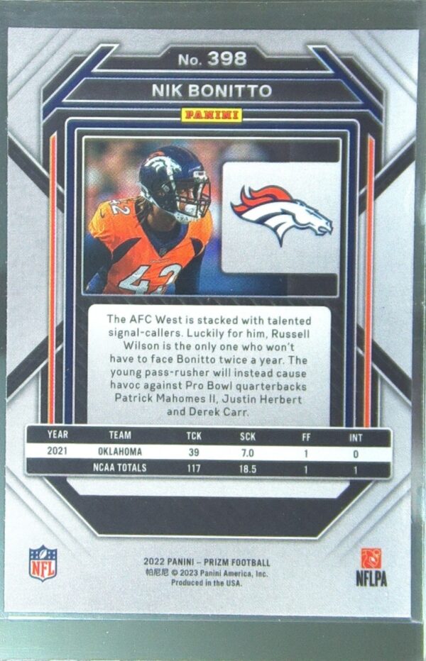 2022 Prizm Nik Bonitto RC #398 Broncos - Image 3