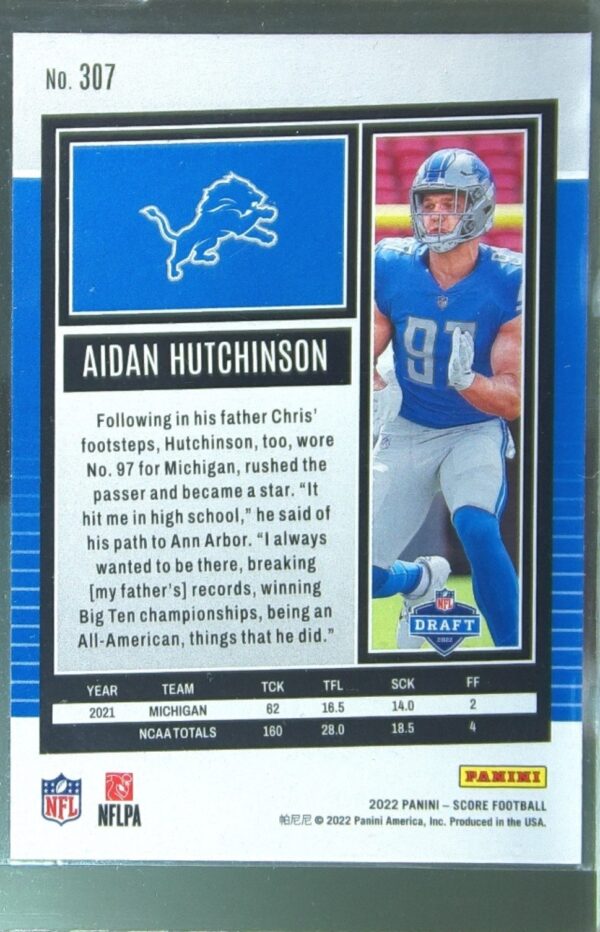 2022 Score Aidan Hutchinson RC #307 Lions - Image 3