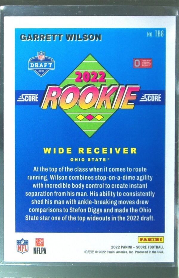 2022 Score Garrett Wilson RC #TB8 Buckeyes 1992 Throwback Rookie - Image 3