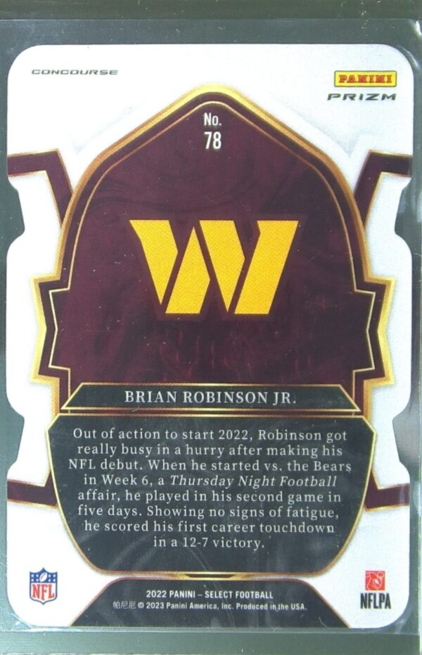 2022 Select Brian Robinson Jr. Black and Red Prizm Die Cut RC #78 Commanders - Image 3