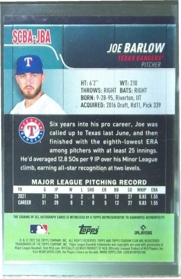 2022 Stadium Club Joe Barlow Auto RC #SCBA-JBA Rangers Autographs - Image 3