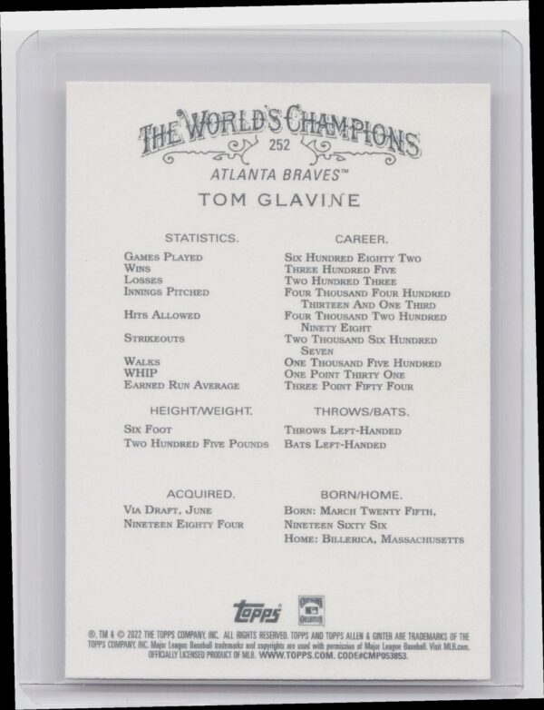 2022 Topps Allen & Ginter Tom Glavine #252 Braves - Image 3
