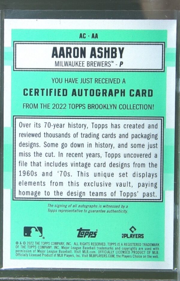 2022 Topps Brooklyn Collection Aaron Ashby Auto /99 RC #AC-AA Brewers Autographs - Image 3
