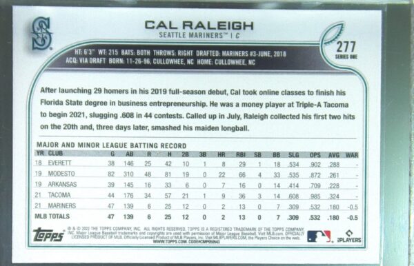 2022 Topps Cal Raleigh RC #277 Mariners - Image 3