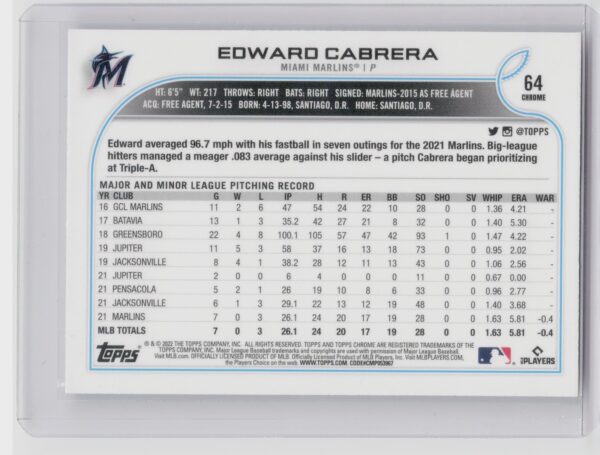 2022 Topps Chrome Edward Cabrera RC #64 Marlins - Image 3