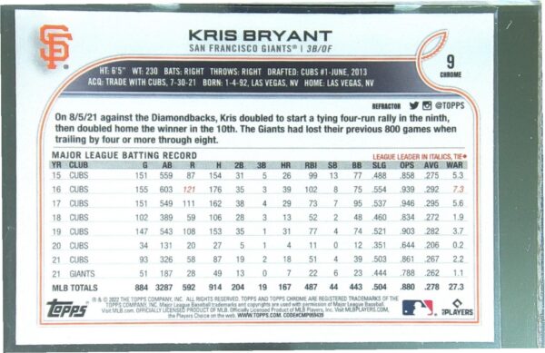 2022 Topps Chrome Kris Bryant Refractor #9 Giants - Image 3
