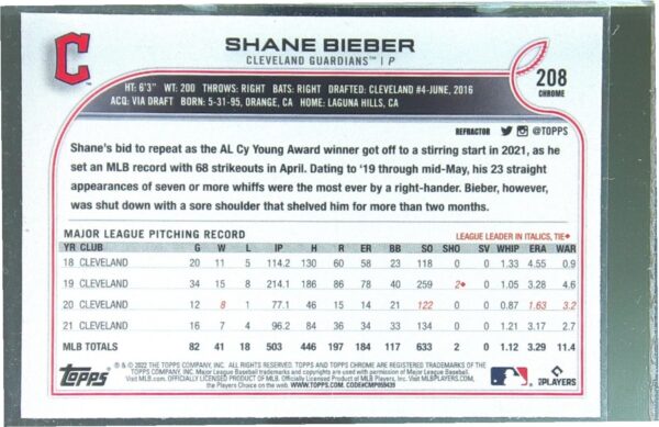 2022 Topps Chrome Shane Bieber Refractor #208 Guardians - Image 3