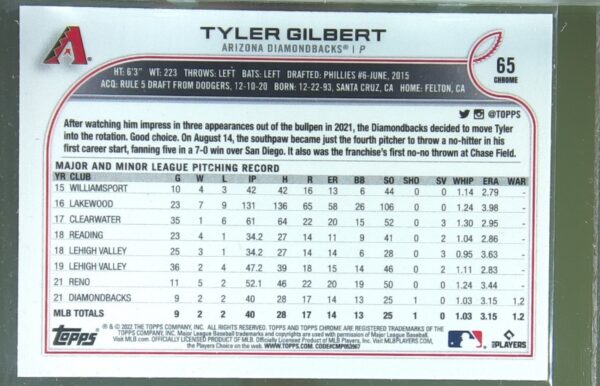 2022 Topps Chrome Tyler Gilbert Prism Refractor RC #65 Diamondbacks - Image 3