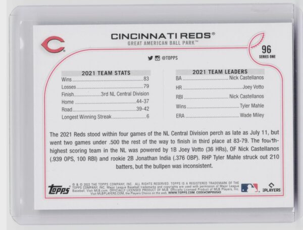 2022 Topps Cincinnati Reds Team Leaders Purple #96 Reds - Image 3