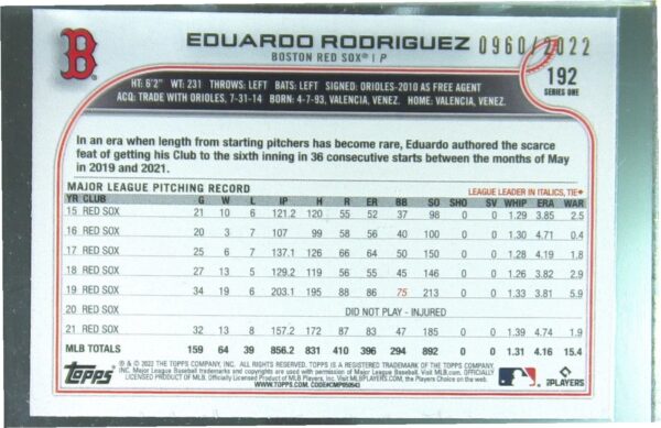 2022 Topps Eduardo Rodriguez Gold /2022 #192 Sox - Image 3
