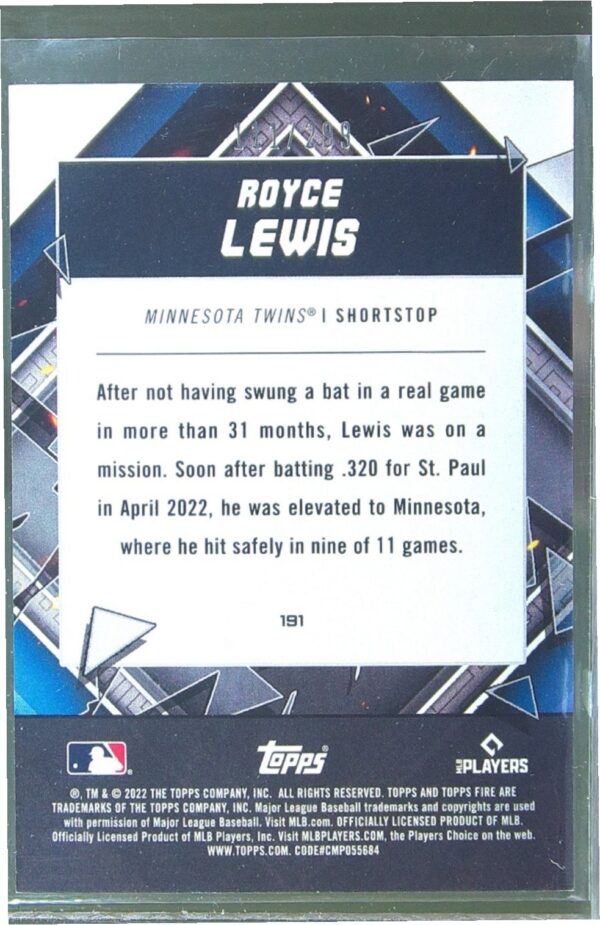 2022 Topps Fire Royce Lewis Orange /299 RC #191 Twins - Image 3