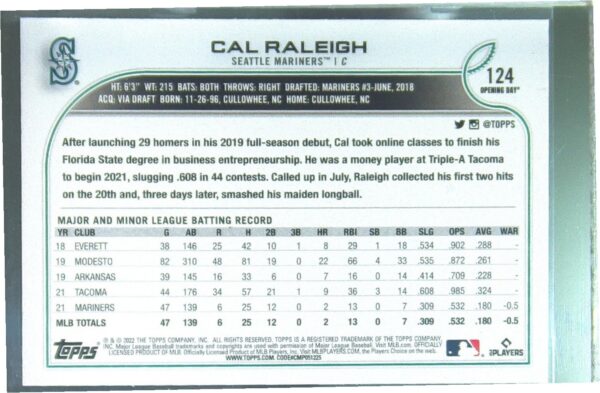 2022 Topps Opening Day Cal Raleigh RC #124 Mariners - Image 3