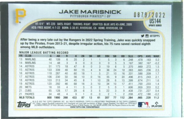2022 Topps Update Jake Marisnick Gold /2022 #US144 Pirates - Image 3