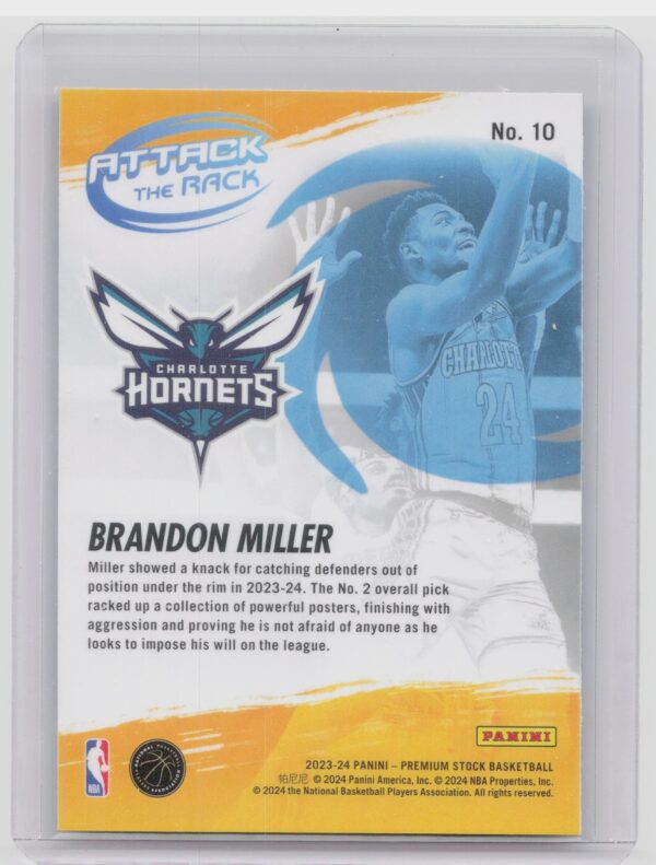 2023-24 Hoops Premium Stock Brandon Miller RC 10 Hornets Attack The Rack - Image 3