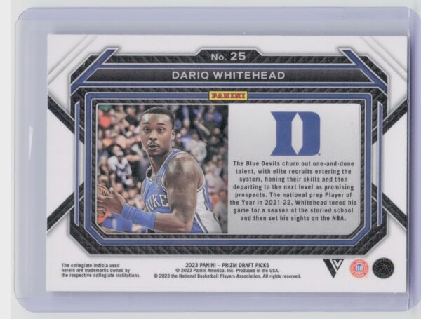 2023-24 Panini Prizm Draft Picks Dariq Whitehead VAR #25 Devils - Image 3