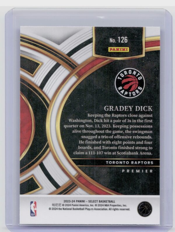 2023-24 Select Gradey Dick Blue Prizms RC #126 Raptors - Image 3