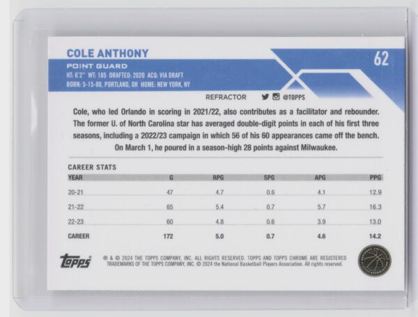 2023-24 Topps Chrome Cole Anthony 62 Magic - Image 3