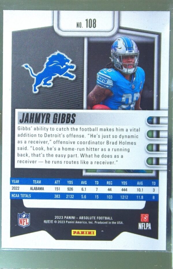 2023 Absolute Jahmyr Gibbs Green RC #108 Lions - Image 3