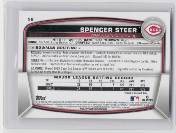 2023 Bowman Chrome Spencer Steer #52 Reds - Image 3