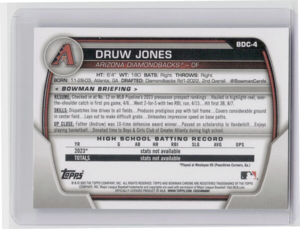 2023 Bowman Draft Sapphire Edition Druw Jones #BDC-4 Diamondbacks - Image 3
