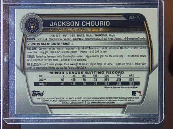2023 Bowman Jackson Chourio #BCP-76 Brewers Chrome Prospects Mojo Refractors - Image 3