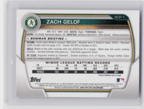 2023 Bowman Zack Gelof #BCP-1 Athletics Chrome Prospects - Image 3