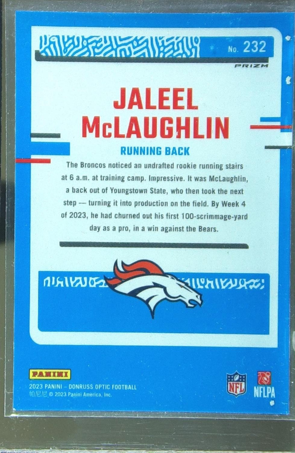 2023 Donruss Optic Jaleel McLaughlin Purple Shock RC #232 Broncos - Image 3