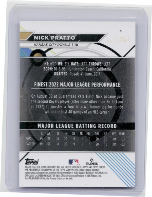 2023 Finest Nick Pratto Blue/Aqua Vapor Refractor SN250 #4 Royals - Image 3