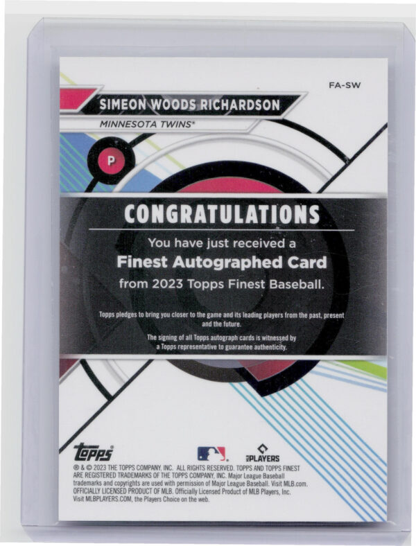 2023 Finest Simeon Woods Richardson AU #FA-SW Twins Finest Autographs - Image 3