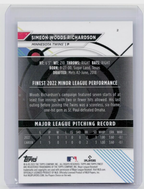 2023 Finest Simeon Woods Richardson Aqua Shimmer Refractor /175 #2 Twins - Image 3