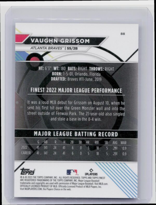 2023 Finest Vaughn Grissom Purple Refractor /250 #88 Braves - Image 3
